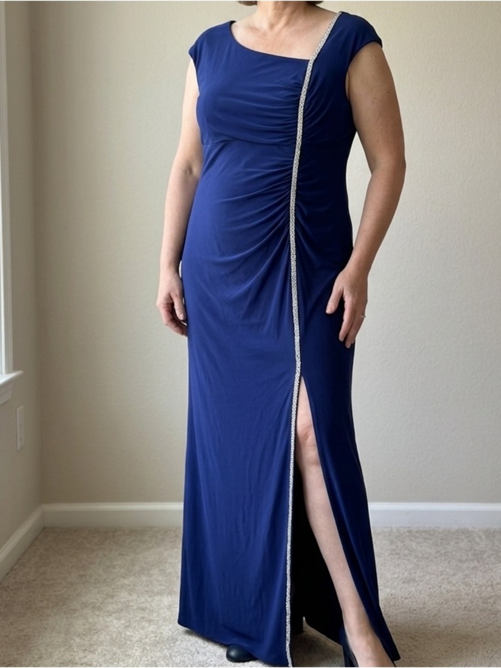 R&M Richards Navy Blue Rhinestone Trim Jersey Formal Gown Sz 18 uln